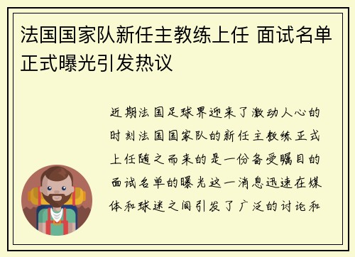 法国国家队新任主教练上任 面试名单正式曝光引发热议