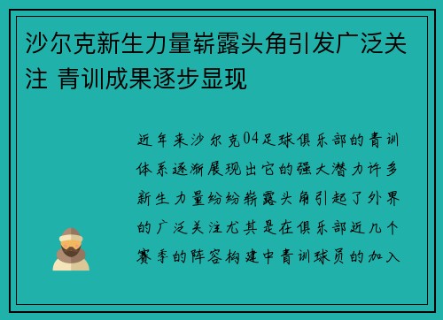 沙尔克新生力量崭露头角引发广泛关注 青训成果逐步显现