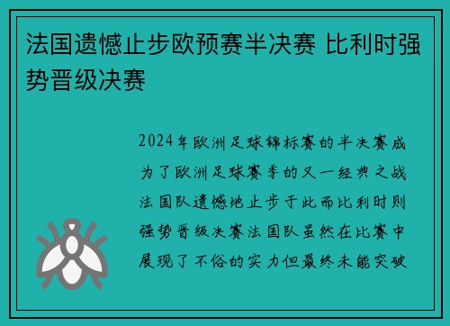 法国遗憾止步欧预赛半决赛 比利时强势晋级决赛